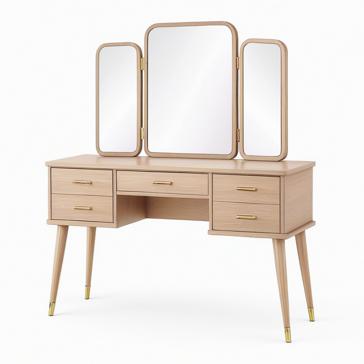 Coiffeuse 120 x 45 x 145 cm en bois brun avec miroir triptyque et 5 tiroirs style vintage