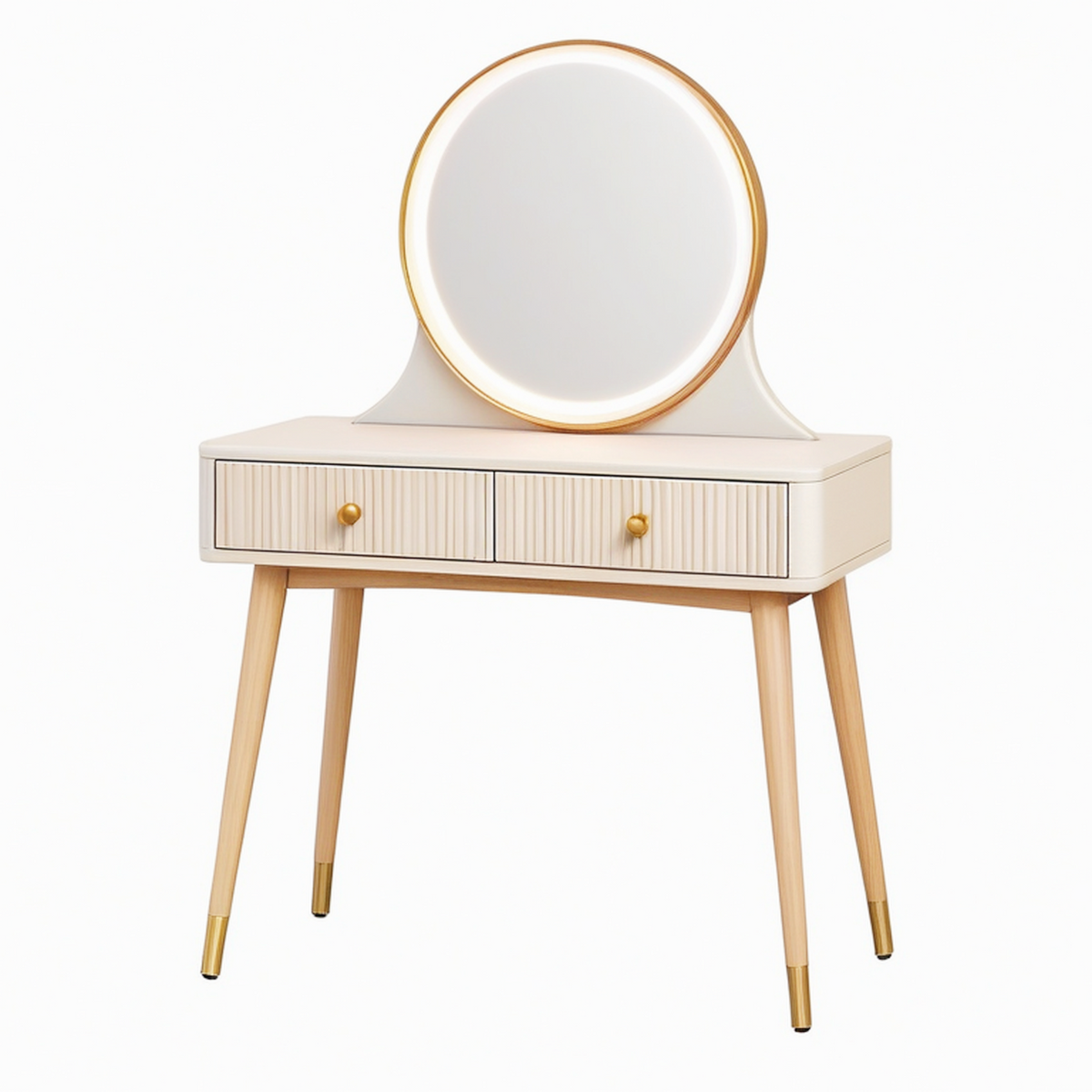 Coiffeuse 80 cm beige et doré en bois avec miroir lumineux et 2 tiroirs