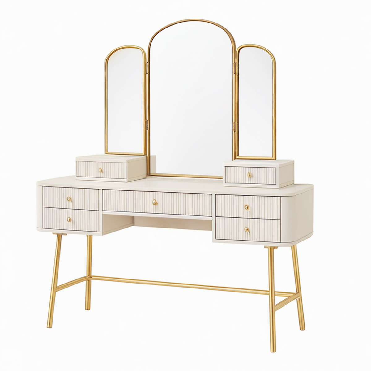 Coiffeuse 140 x 45 x 150 cm blanche et dorée avec miroir triptyque et 7 tiroirs style contemporain