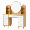Coiffeuse 120 x 45 x 150 cm en bois beige et blanc avec miroir rond et rangements style scandinave