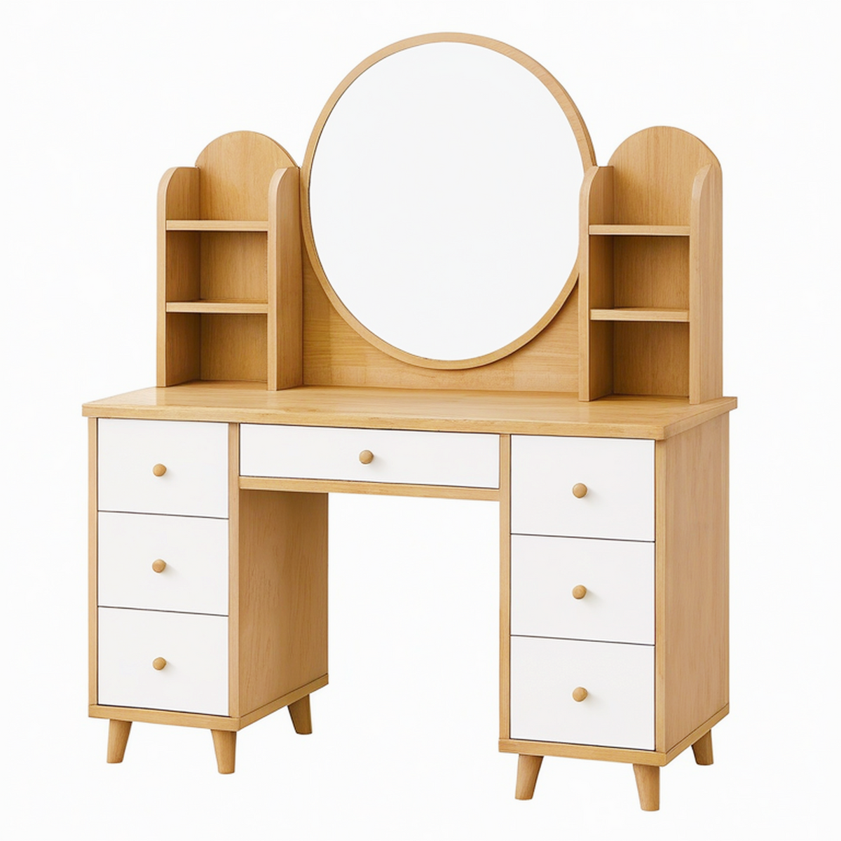 Coiffeuse 120 x 45 x 150 cm en bois beige et blanc avec miroir rond et rangements style scandinave