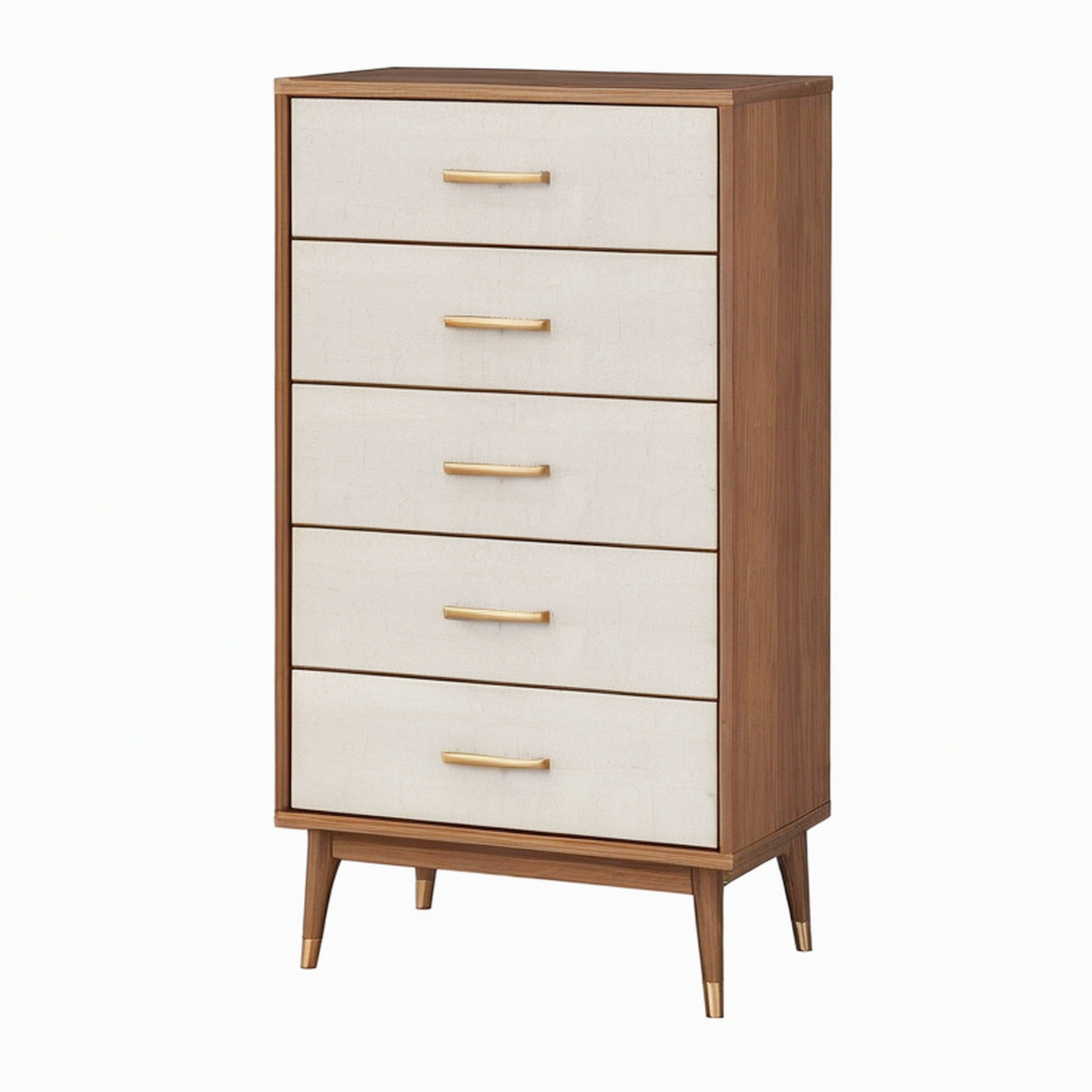 Commode 80 x 40 x 120 cm en bois noyer et tissu beige à 5 tiroirs style rétro