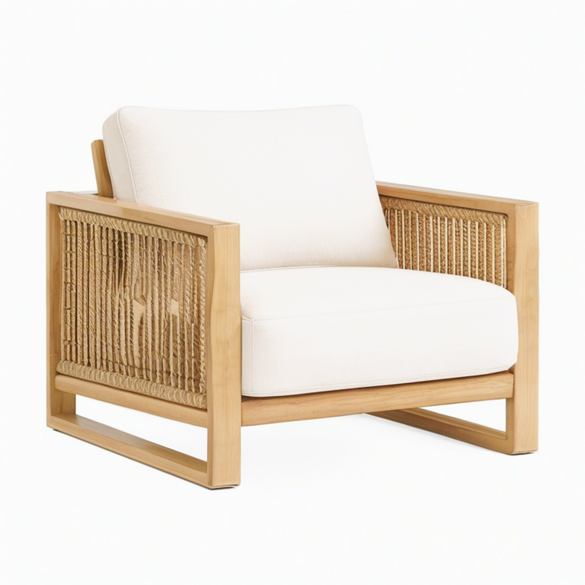 Fauteuil 80 x 82 x 82 cm en bois naturel avec corde tressée et tissu écru style contemporain